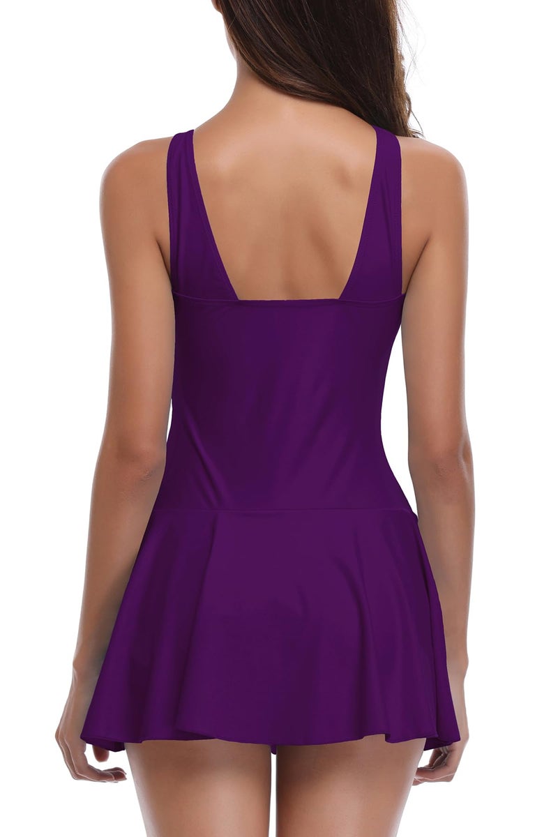 SHEKINI Women's V Neck One Piece Skirt Swimsuit Ruched Retro Swimdress Bathing Suit (Deep Purple, Large) - Image 2